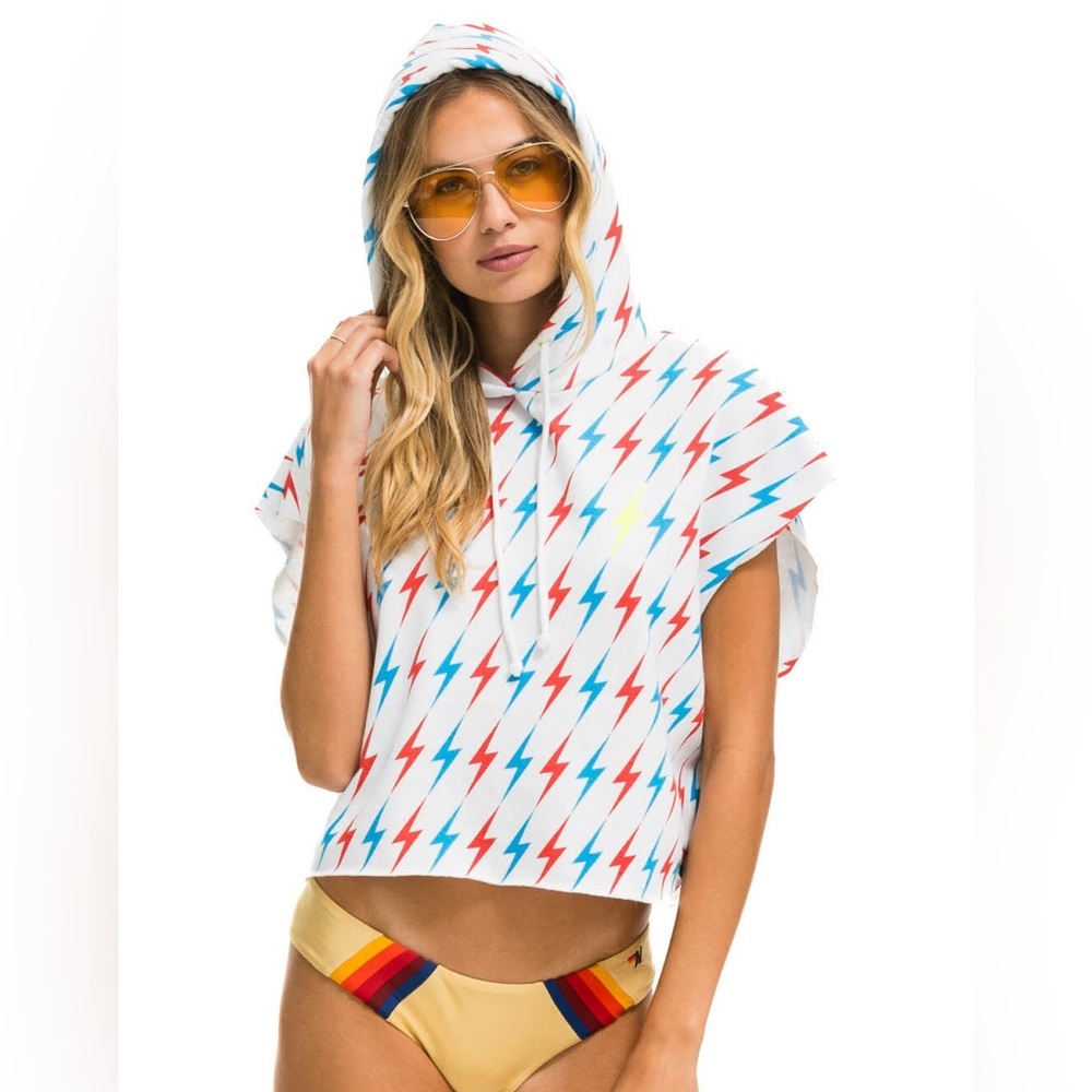 AVIATOR BOLT SLEEVELESS RELAXED CROPPED PULLOVER HOODIE - WHITE // USA